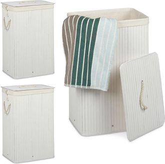 Relaxdays 3 Cestos Ropa Sucia Plegable, Cubo Colada Rectangular con Tapa, Bambú, 83L, 65,5 x 43,5 x 33,5 cm, Blanco