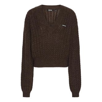 Rotate ROTATE Birger Christensen, V-neck Knitwear, female, Brown, Size: XS Cable V-Neck Sweater