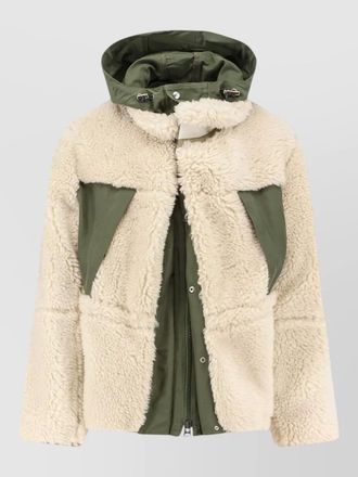 sacai shearling and nylon hooded panel jacket