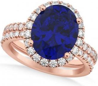 Allurez Blue Sapphire & Diamonds Oval-Cut Halo Bridal Set 14K Rose Gold (3.93ct)