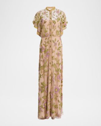 Valentino Garavani Floral Embroidered Flutter-Sleeve Gown