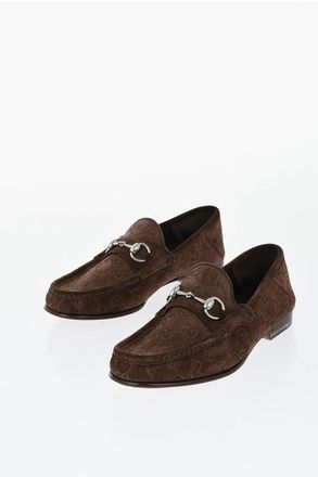 Gucci Suede Embossed Loafers With Monogram Pattern size 40,5