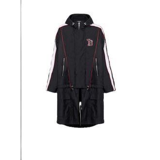 Balmain MenS Black Mid-Length Parka With Stripes, Size 44