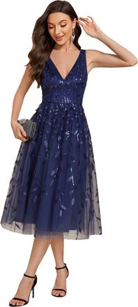 Ever-pretty Womens Midi Evening Dresses Gorgeous A Line Sequin Prom Dress Sexy V-Neck Backless Bridesmaid Dresses Navy Blue 10UK