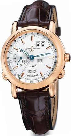 Ulysse Nardin GMT Perpetual Silver Dial 18kt Yellow Gold Brown Leather Automatic Mens Watch 322-88-91