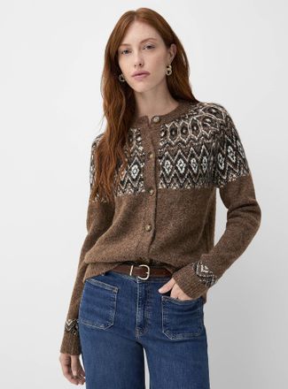 Contemporaine Womens Fluffy Fair Isle Cardigan Sweater