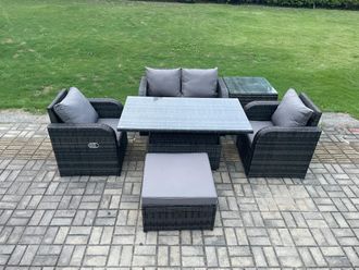 Fimous PE Rattan Outdoor Garden Furniture Set Height Adjustable Rising lifting Dining Table Love Sofa With Side Table in Dark Grey