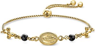 Ross-Simons Italian 18kt Gold Over Sterling Miraculous Medal Bolo Bracelet With 4mm Onyx Beads