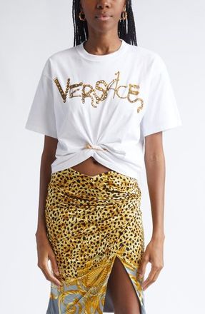 Versace Studded Chain Logo Safety Pin Graphic T-Shirt in Optical White at Nordstrom, Size 10 Us