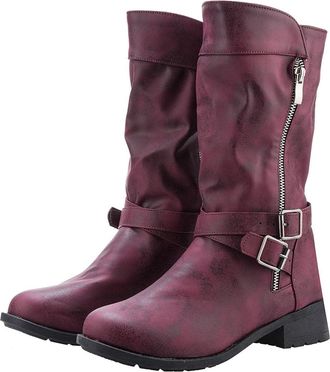 Generic Womens Mid Calf Boots Wide Calf Casual Ladies Boot Stylish Comfortable Flat Chunky Buckle Double Zip Slip On Biker Boots Outdoor