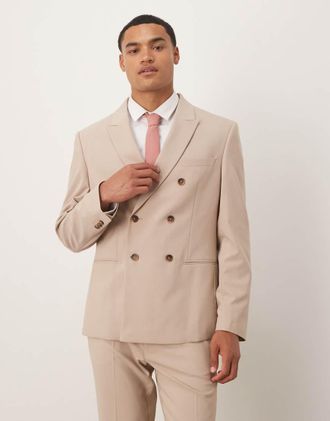 Asos Giacca da abito doppiopetto slim fit beige-Neutro
