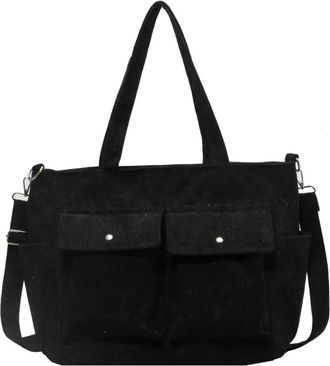 Generic Vintage Multi Pocket Corduroy Handbag Large Capacity Womens Shoulder Bag Casual Crossbody For Women Commuting(Black B)