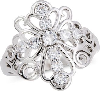 Savvy Cie Jewels RHODIUM PLATED STATEMENT CROSS WITH WHITE CZ SWIRLS RING