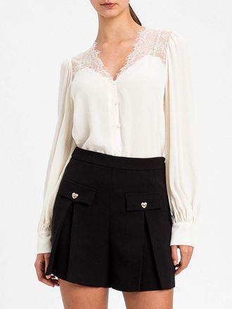 Twinset Long-Sleeved Cr&ecirc;pe Shirt with V-Neck and Lace Inserts
