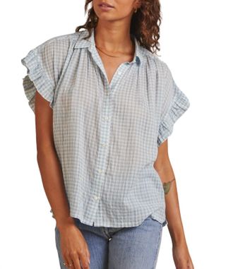 Trovata Marianne B Ruffle Sleeve Shirt In Lt Blue Check