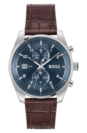 BOSS Skytraveller Chronograph Croc Embossed Leather Strap Watch, 44mm in Blue at Nordstrom