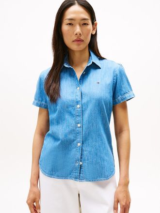 Tommy Hilfiger Womens Chambray Puff-Sleeve Shirt - Blue - XXL
