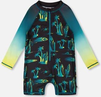 Deux par Deux One-Piece Long Sleeve Surf Print Rashguard in Black Surf Print at Nordstrom, Size 12-18M