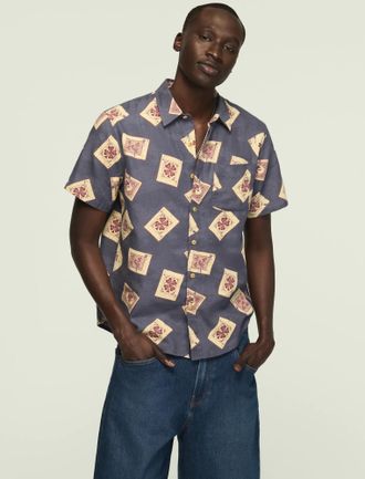 Lucky Brand Mens Short Sleeve Printed Camp Collar Shirt