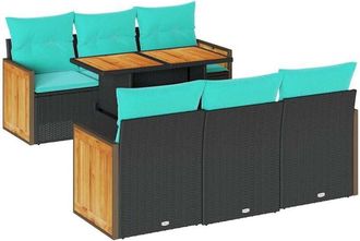 vidaXL 7 Piece Garden Sofa Set with Cushions Black Poly Rattan Acacia vidaXL