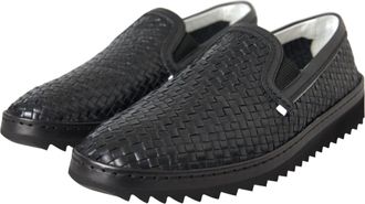 Dolce & Gabbana Black Woven Buffalo Leather Men Loafers Shoes Calfskin