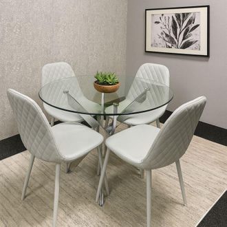 Kosy Koala Modern Round Glass Dining Table Set With 4 Grey Gem Pattern Chairs Dining Room Furniture