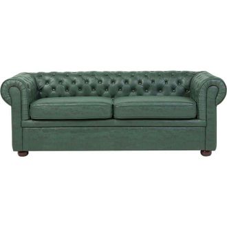Beliani Sof&aacute; Chesterfield Tapizado En Piel Sint&eacute;tica Verde Patas De Madera Oscura 3 Plazas Estilo Cl&aacute;sico Chesterfield