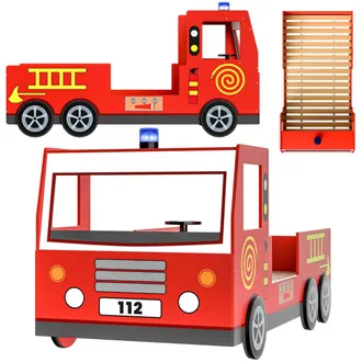 Deuba Letto Per Bambini Lettino Design Vigili Del Fuoco Stile Pompieri 200x90 Cm Legno Con Rete A Doghe Ruote 3d Sirena E Manubrio