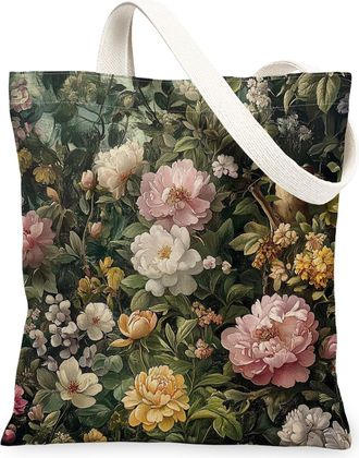 Generic Spring Aesthetic Peony Canvas Tote Bag for Shopping 13x15, Vintage Flower Garden Reusable Grocery Print Pattern Bag for Women Men, Floral Wildflower A