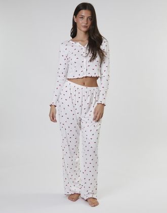 Loungeable Completo con maniche lunghe e pantaloni in jersey a coste bianco con stampa di ciliegie