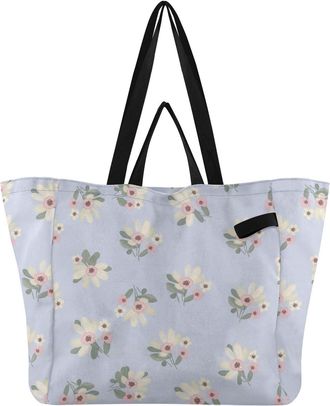 Generic Flowers Leaves Blue print Reusable Canvas Tote Bag, Heavy Duty Grocery Shopping Bag with Hard Bottom Double Handles Large Capacity Work Groceries Trav