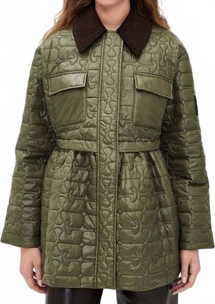 Ganni Shiny Quilted Midi Flare Jacket In Kalamata