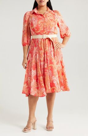 Tahari by ASL Paisley Belted Fit & Flare Shirtdress in Coral Paisley at Nordstrom, Size 16W