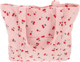 SOLUSTRE Spacious Corduroy Tote Bag with Cherry Print Single Shoulder Carry Bag for WomenS Grocery, School and Work Pink Sturdy Comfortable Strap Tote