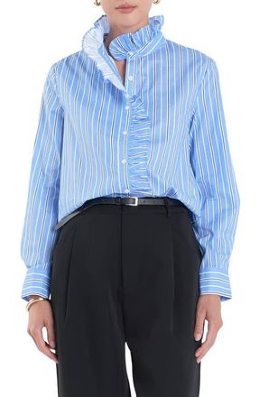 English Factory Stripe Ruffle Shirt in Blue/White at Nordstrom, Size X-Small