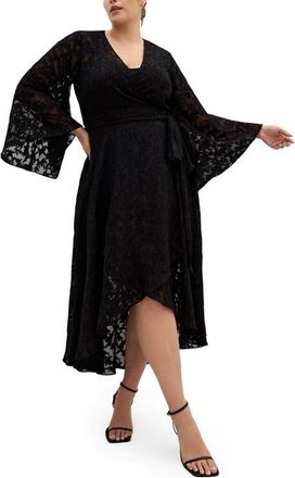 City Chic Fleetwood Long Sleeve Jacquard Wrap Dress in Black at Nordstrom, Size Xxs