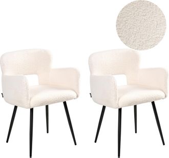 Beliani Conjunto De 2 Sillas De Comedor Modernas Asiento Tapizado En Tela Boucl&eacute; Con Reposabrazos Acolchado Blanco Sanilac