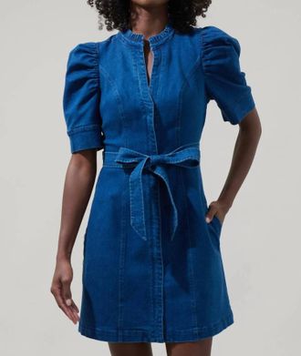 Sugarlips Womens Jamie Denim Puff Sleeve Belted Mini Dress In Blue
