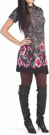 Papillon Floral Border Animal Print Collar Sweater Dress In Grey