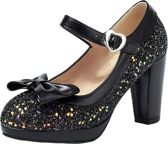 Generic Women Elegant Platform High Heel Pumps Sequin Bow Wedding Evening Party Shoes Black