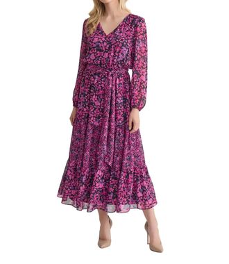Kasper Long Sleeve V-Neck Printed Maxi Dress In Multi Floral