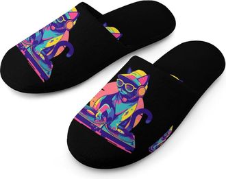 Generic DJ Cat Vintage Neon Mens House Slippers Slip Indoor Slipper On Shoes Warm Outdoor