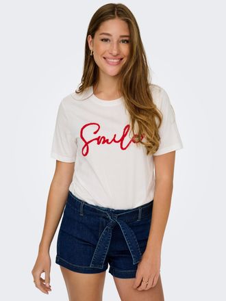 Only T-Shirt ONLY ONLKIKO LIFE S/S O-NECK TERRY TOP CS JRS, Damen, Gr. XS, cloud dancer print:smile, Jersey, Obermaterial: 100% Baumwolle, bedruckt, regula