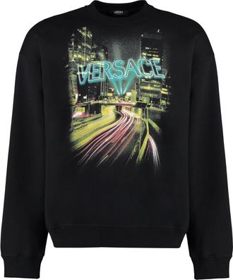 Versace Hoodies & sweatvesten, Heren, Zwart, M, Katoen, Bedrukt katoenen sweatshirt met ronde hals