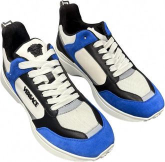 Versace Men Rete Vitello Medusa Head Low Top Sneakers In Blue/white