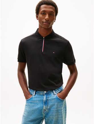 Tommy Hilfiger Mens Regular Fit Smooth Cotton Zip Polo - Black - XL