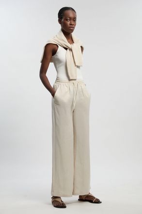 Karen Millen Womens Linen Wide Leg Woven Trouser - Beige Cotton - Size 12 UK