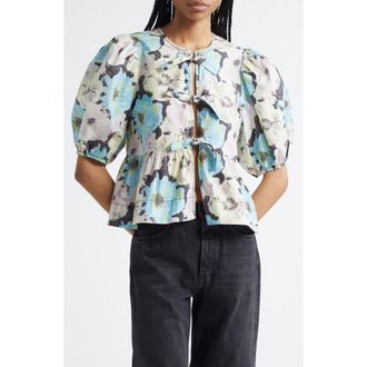 Ganni Print Puff Sleeve Peplum Organic Cotton Top in White Multicolor at Nordstrom Rack, Size 0 Us / 32 Eu