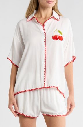 Betsey Johnson Blanket Stitch Embroidered Cabana Button-Up Shirt & Shorts Cover-Up Set in Sand at Nordstrom Rack, Size X-Large