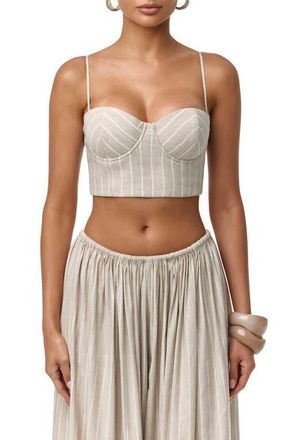 Naked Wardrobe Pinstripe Linen Blend Corset Crop Top in Taupe Pinstripe at Nordstrom, Size X-Large